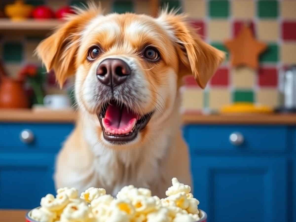 Cachorro olhando para uma tigela de pipoca.