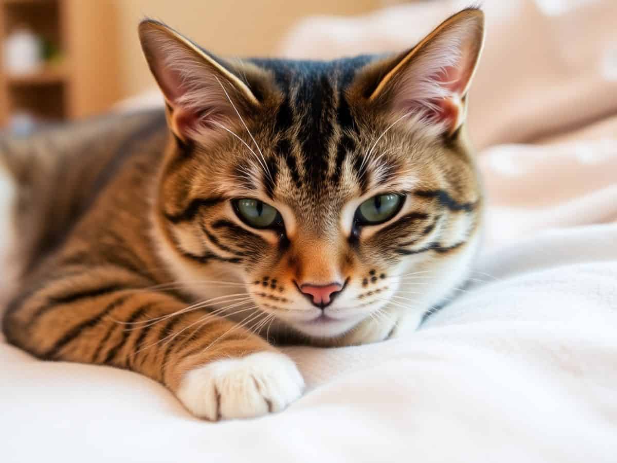 Gato preocupado em uma coberta macia, com aparência doente.