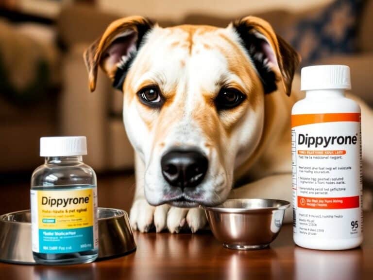 Cachorro pensativo com medicamento e tigela de água.
