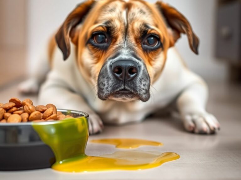 Cachorro com expressão preocupada e vômito amarelo.