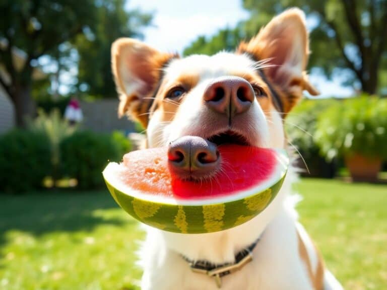 Cachorro feliz comendo melancia ao ar livre.