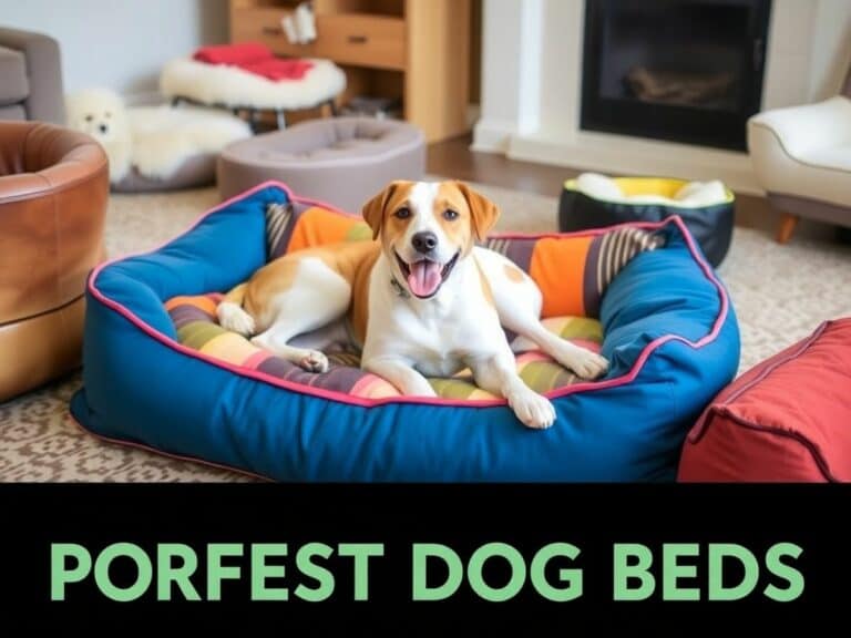Cachorro feliz em uma cama macia e colorida.