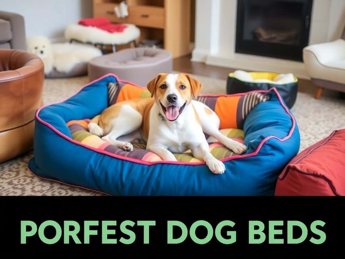 Cachorro feliz em uma cama macia e colorida.