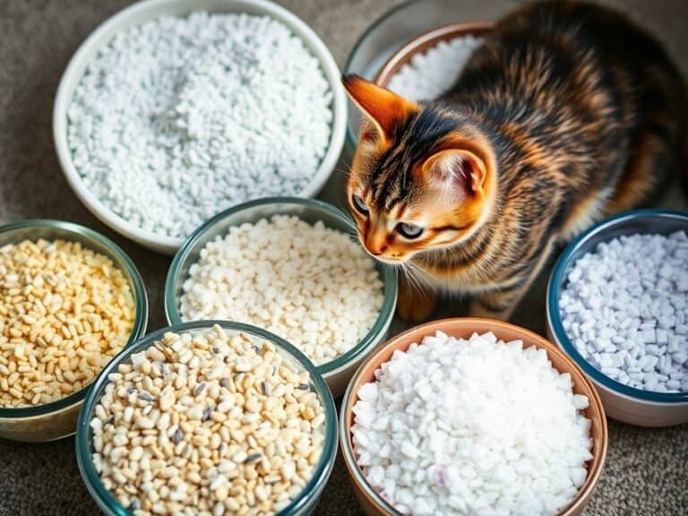 Várias areias de gato em tigelas com um gato.