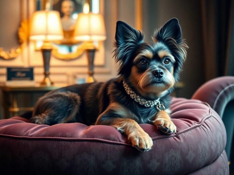 Cachorro rico em um ambiente luxuoso e elegante.