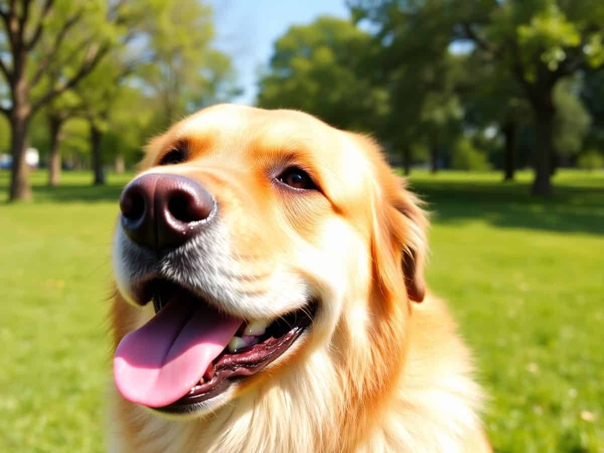 Cachorro grande feliz em um parque ensolarado.