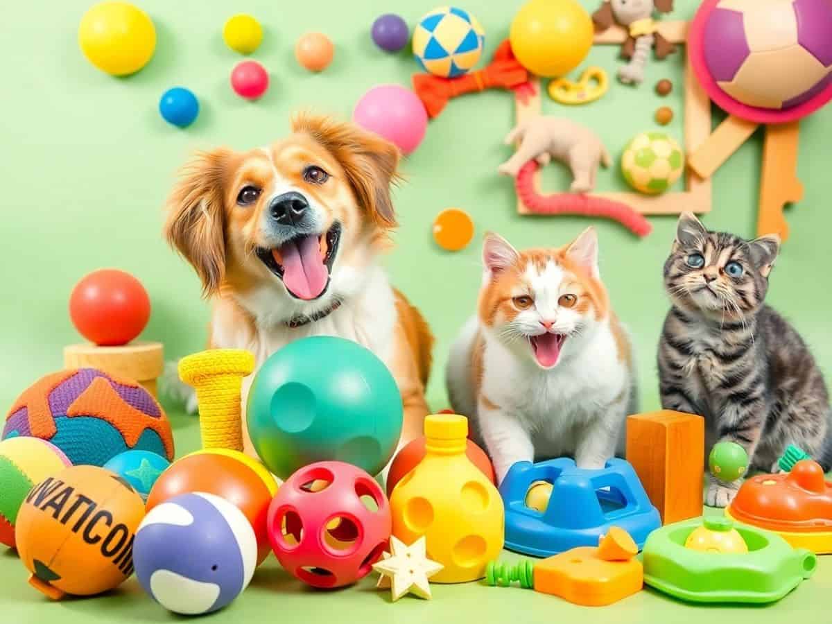 Brinquedos coloridos e pets felizes brincando juntos.