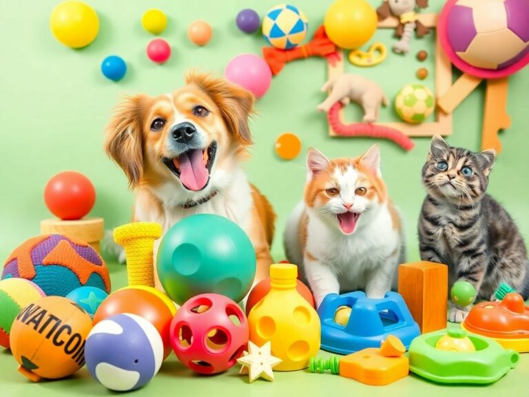 Brinquedos coloridos e pets felizes brincando juntos.