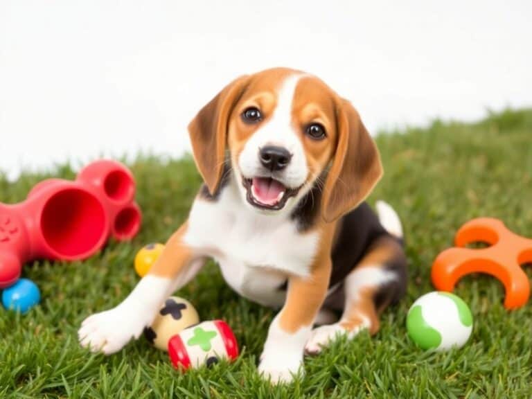 Cachorro Beagle brincando na grama com brinquedos.