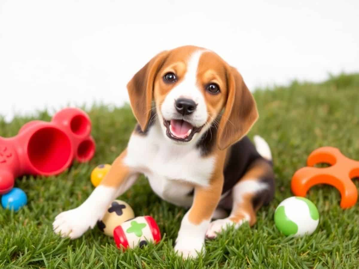Cachorro Beagle brincando na grama com brinquedos.