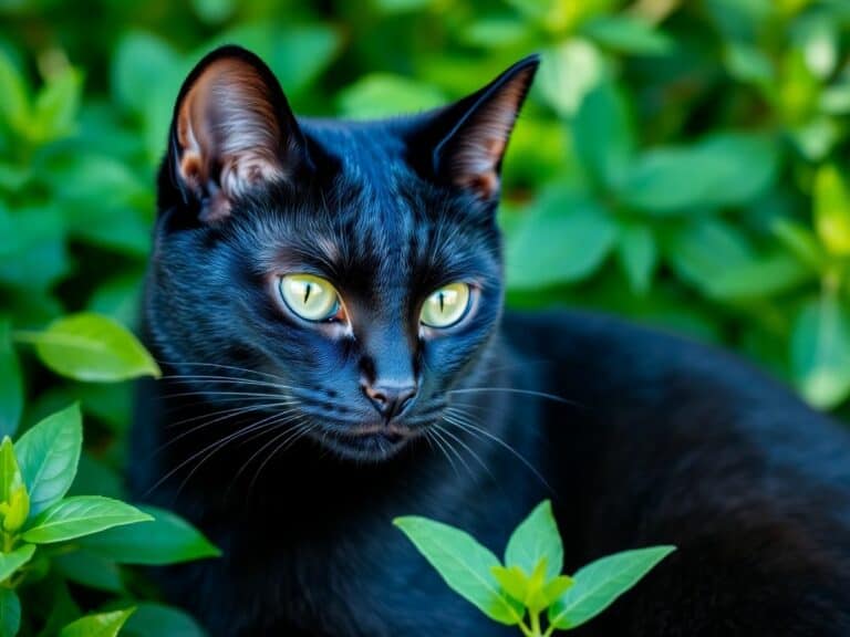 Gato preto com olhos verdes em meio à natureza.