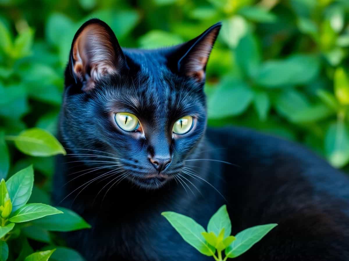 Gato preto com olhos verdes em meio à natureza.