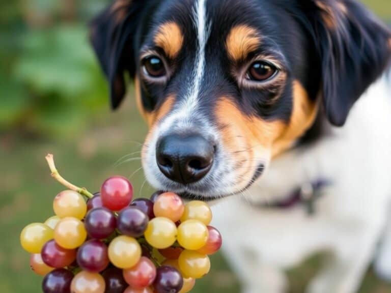 Cachorro cheirando uvas perigosas para sua saúde.