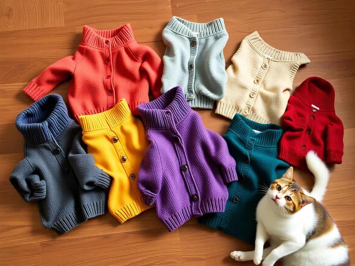 Vários agasalhos para pets em uma superfície de madeira.