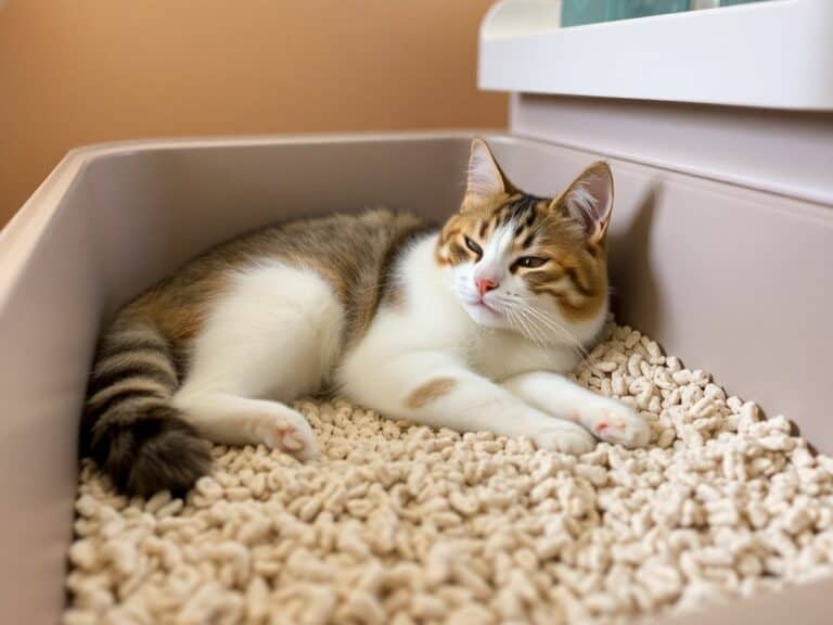 Gato descansando em uma caixa de areia confortável.