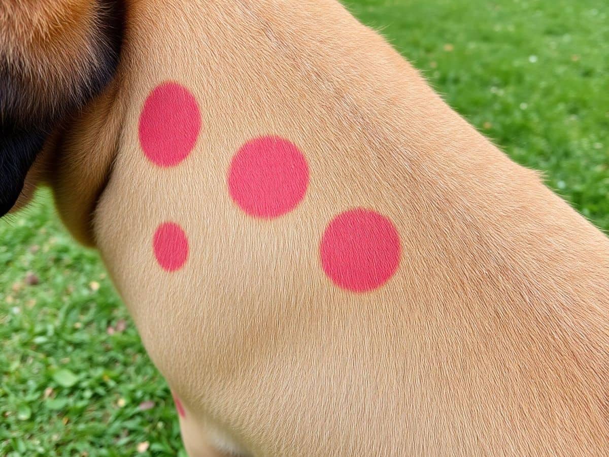 Cachorro com pele irritada, mostrando sinais de dermatite.
