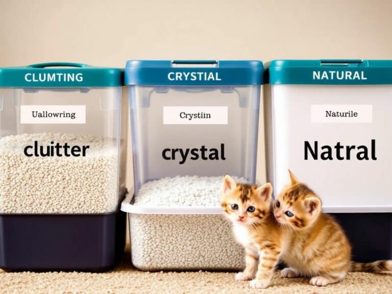 Várias opções de areia para gato em recipientes.
