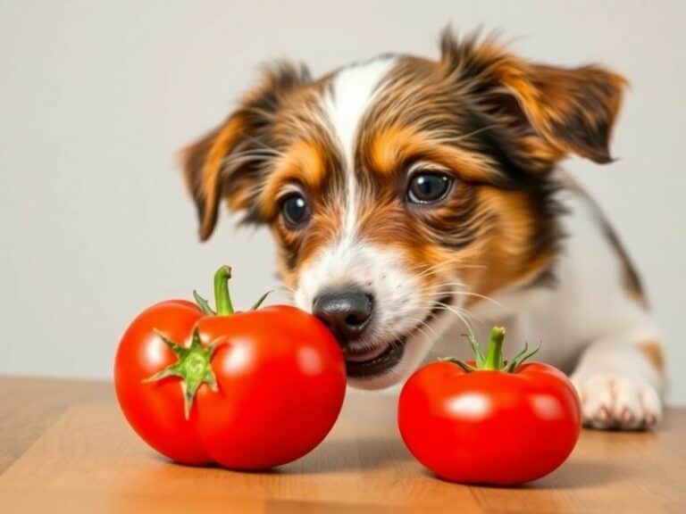 Cachorro cheirando um tomate em uma mesa de madeira.