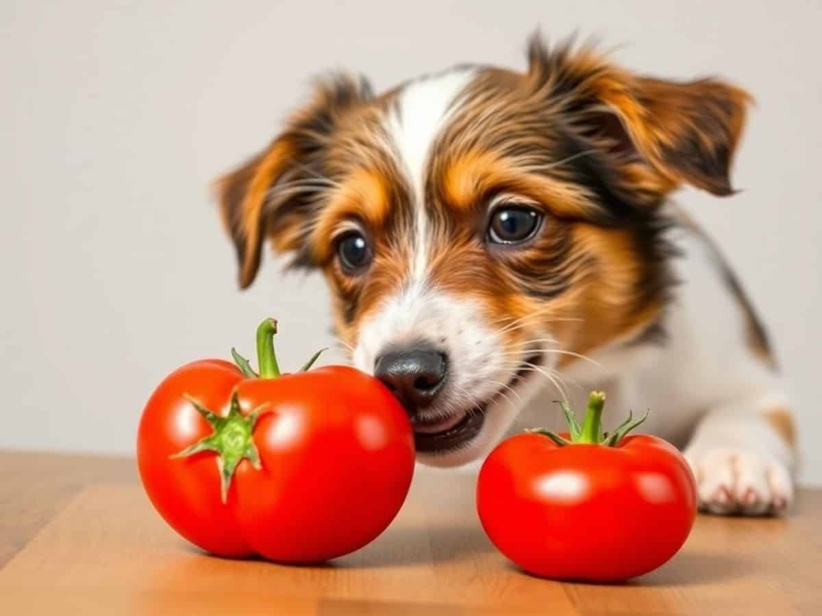 Cachorro cheirando um tomate em uma mesa de madeira.