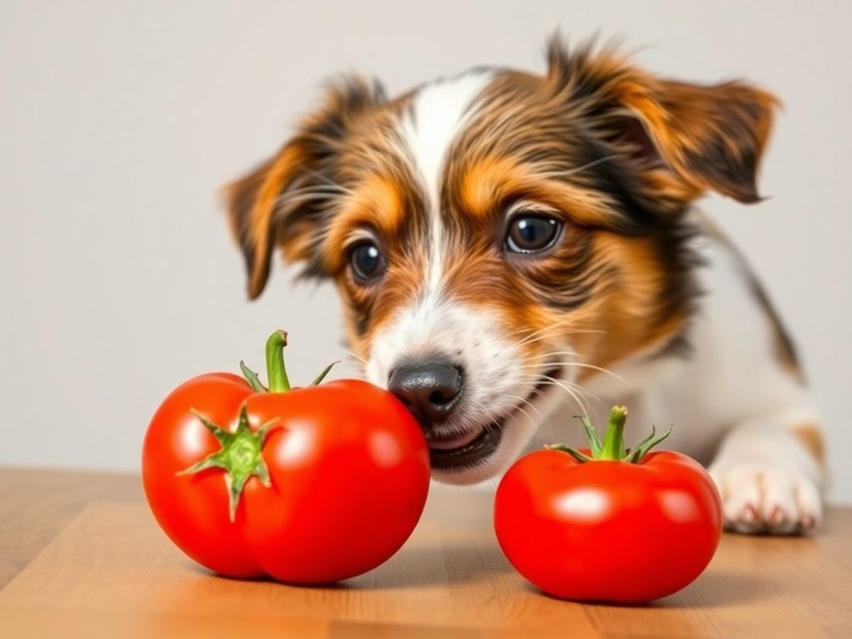 Cachorro cheirando um tomate em uma mesa de madeira.