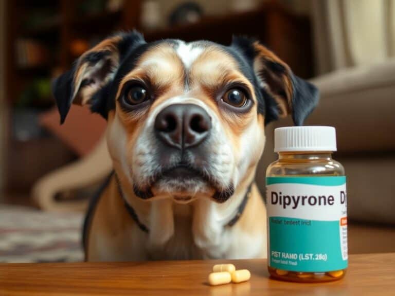 Cachorro preocupado com frasco de dipirona próximo.