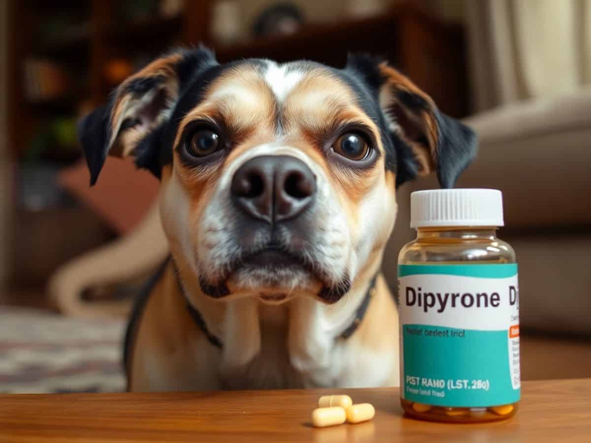 Cachorro preocupado com frasco de dipirona próximo.