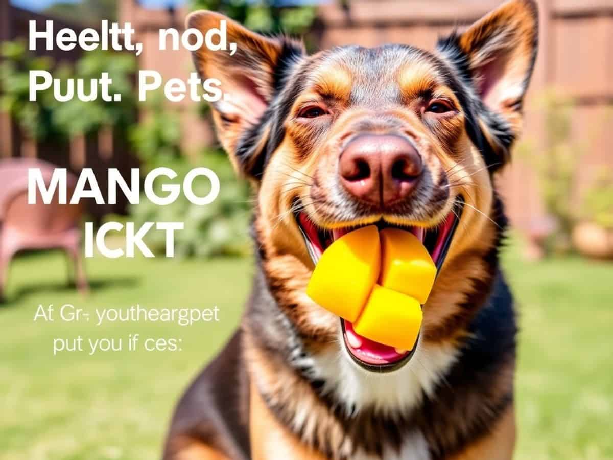 Cachorro feliz comendo fatias de manga fresca.