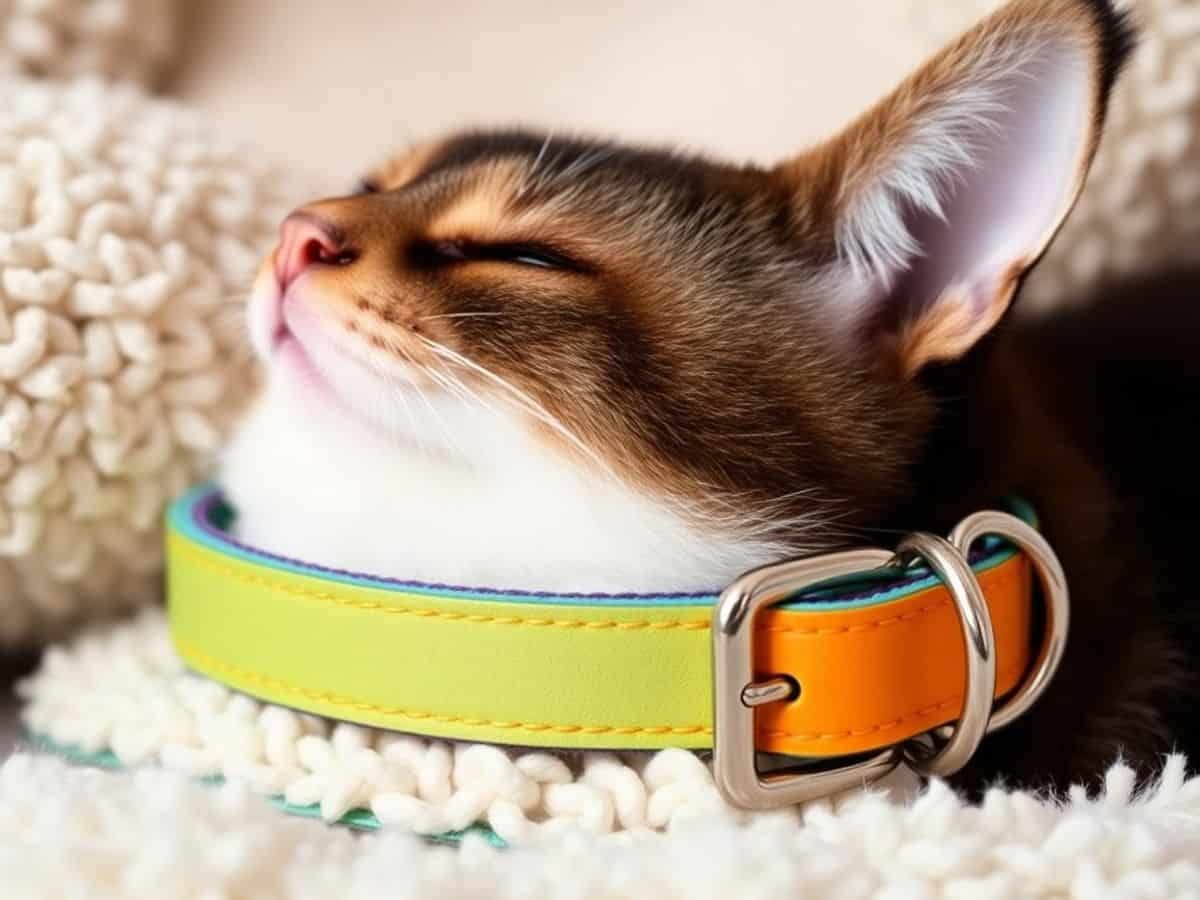 Coleira de gato colorida e confortável em fundo suave.