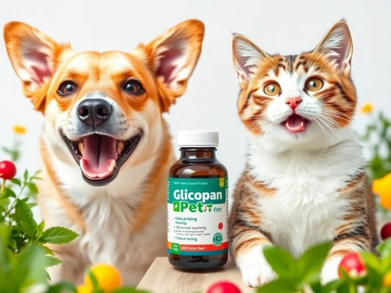 Cão e gato saudáveis com Glicopan Pet entre eles.