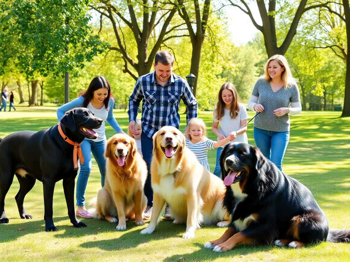 Família brincando com cachorros grandes no parque.